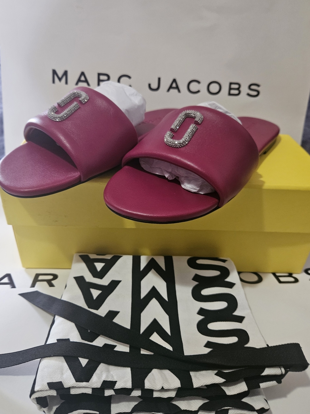 Marc Jacobs Fuchsia Slide Sandals with Crystal Logo Accent - Picture 2 of 11
